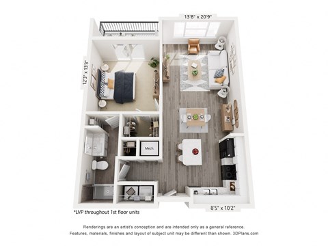 Floor plan for 1 bed, 1 bath, 778 sqft